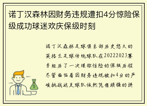 诺丁汉森林因财务违规遭扣4分惊险保级成功球迷欢庆保级时刻 诺丁汉森林因财务违规遭扣4分惊险保级成功球迷欢庆保级时刻