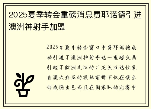 2025夏季转会重磅消息费耶诺德引进澳洲神射手加盟