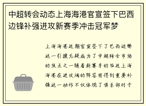 中超转会动态上海海港官宣签下巴西边锋补强进攻新赛季冲击冠军梦